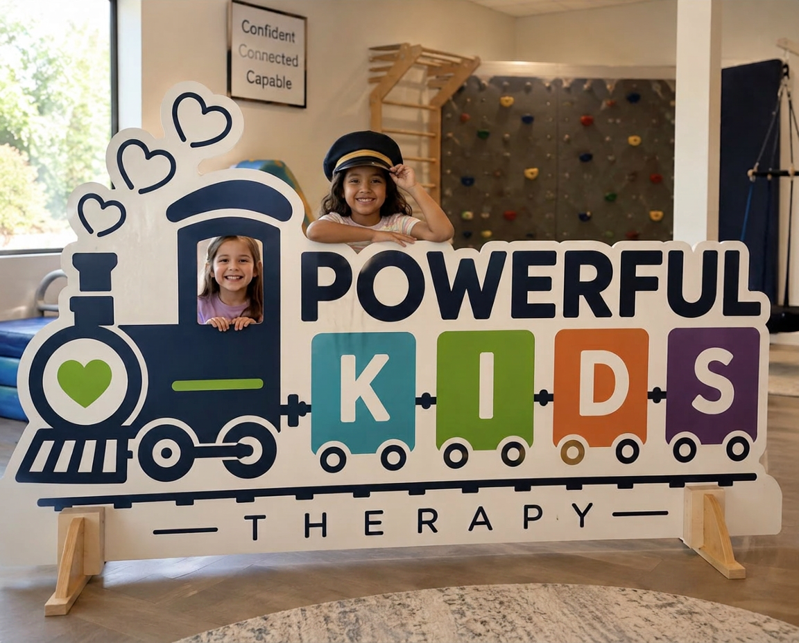 Children smiling behind the Powerful Kids Therapy train sign in the clinic