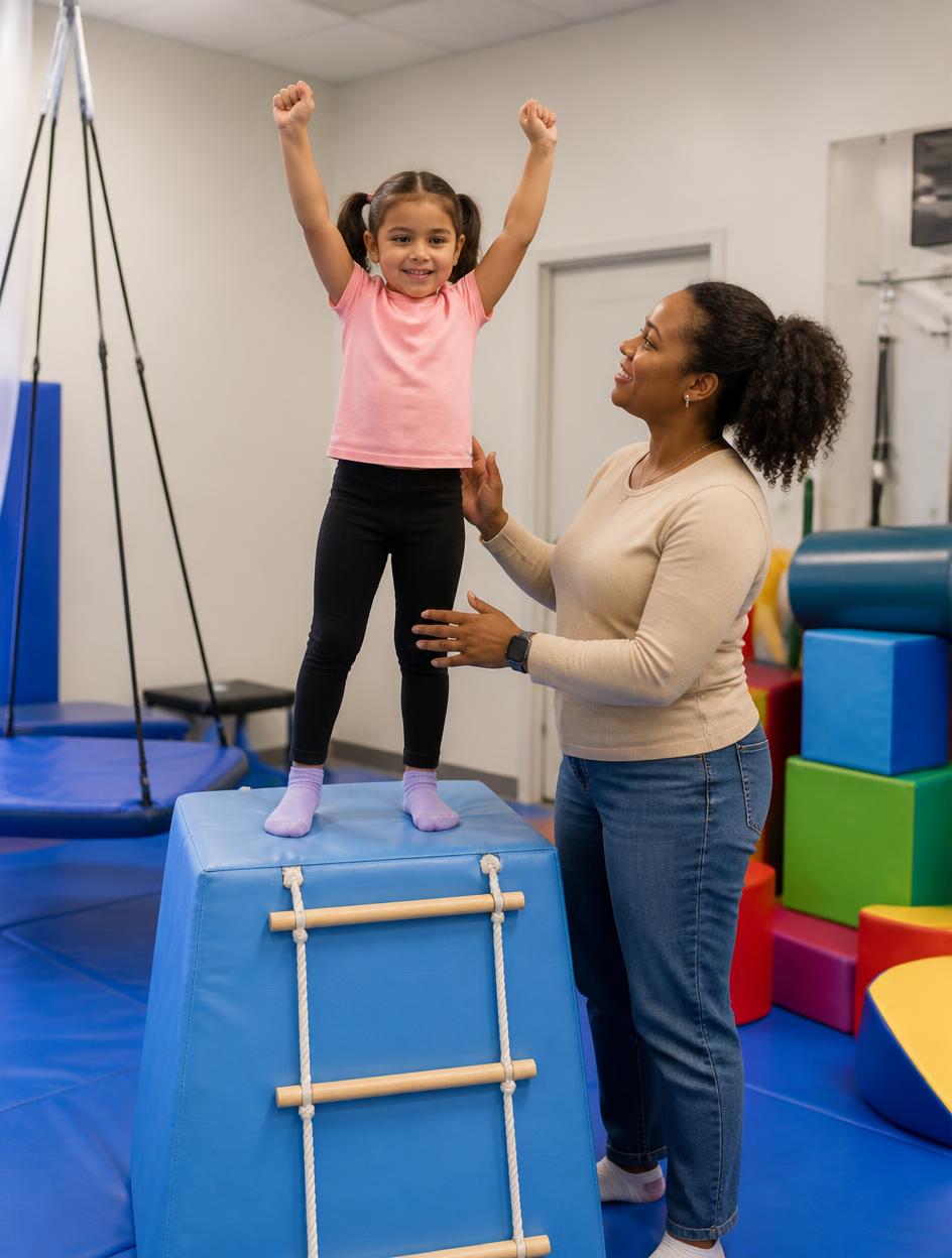 A therapist spotting a young girl standing triumphantly on a blue climbing block
